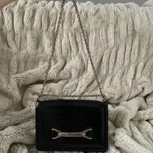 Vintage Bienen Davis Black Embossed Leather Handbag Chain Strap - Picture 2 of 11